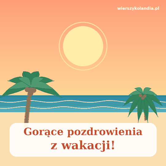 Gorące pozdrowienia z wakacji za granicą – grafika z palmami i plażą