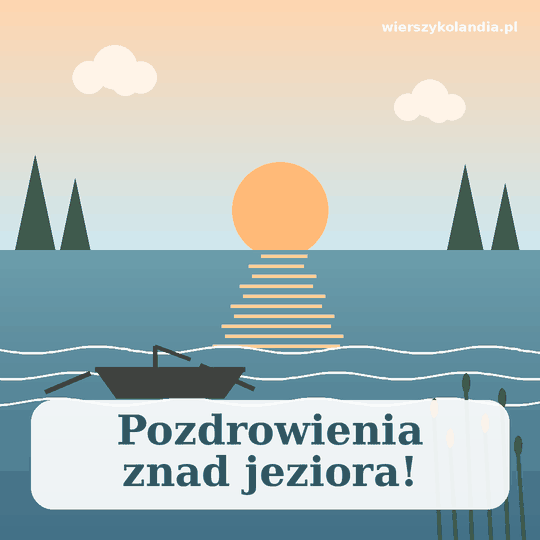 Pozdrowienia z wakacji znad jeziora – grafika z łódką o zachodzie słońca