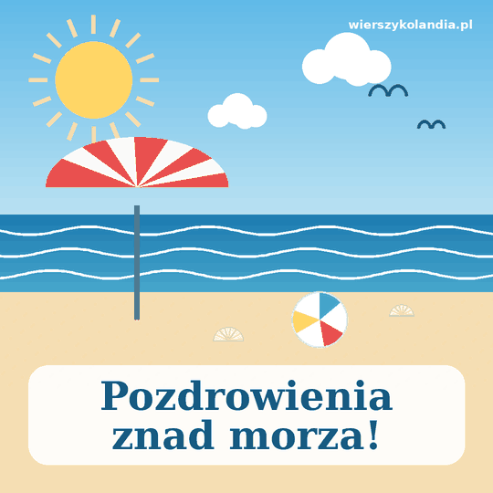 Pozdrowienia z wakacji znad morza – grafika z plażą, parasolem i mewami do pobrania