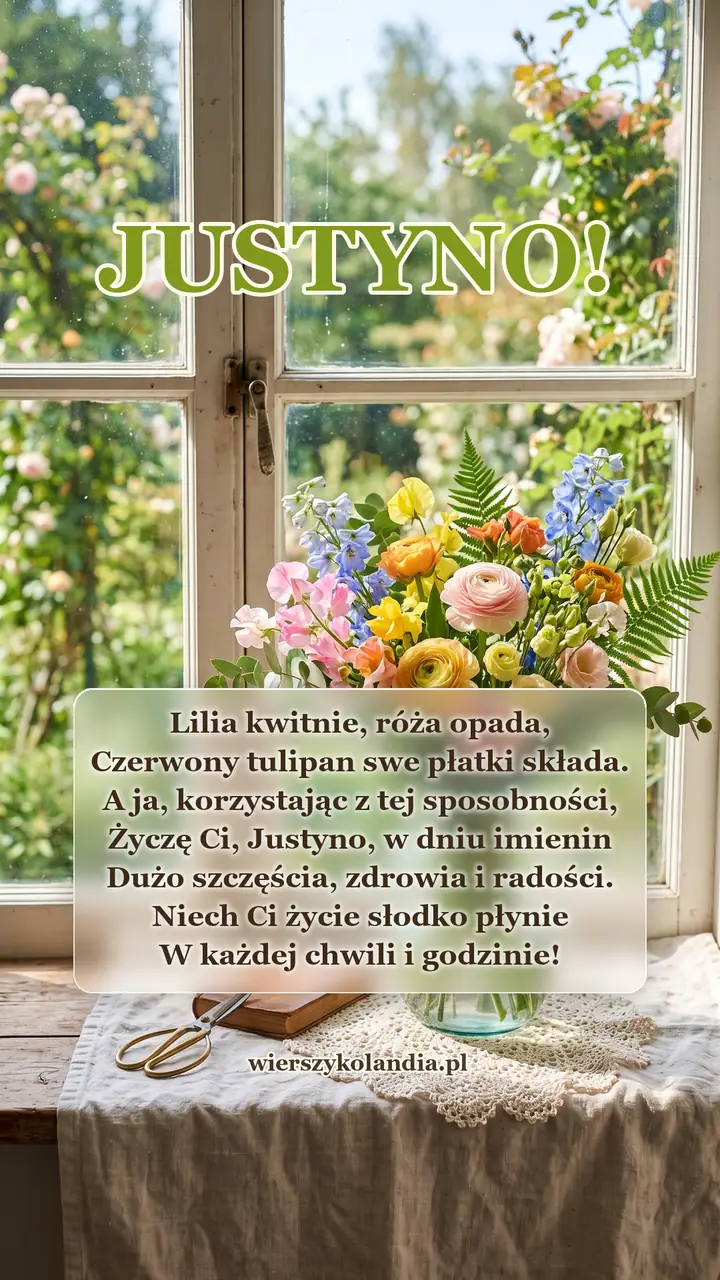 Kartka na imieniny Justyny z wierszykiem i życzeniami do pobrania
